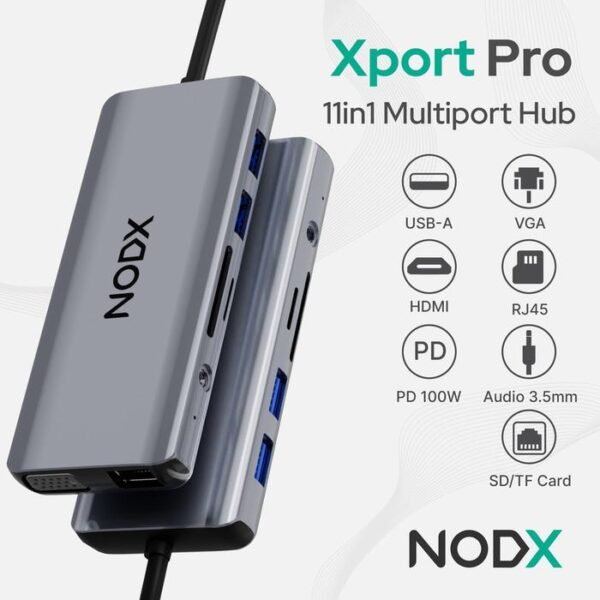 NODX Xport Pro USB Hub 11 in 1 (Grey) USB-C - 2xUSB-A  3.0+ 2xUSB-A 2.0 + RJ45 + SD/TF + VGA + HDMI + Audio + PD 100W
